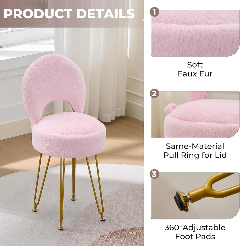 Faux Fur Pink Small Vanity Chair & Stool - 13" Dx13 W Folding Back Storage Ottoman, Anti-Slip Golden V-Leg for Bedroom Makeup Room