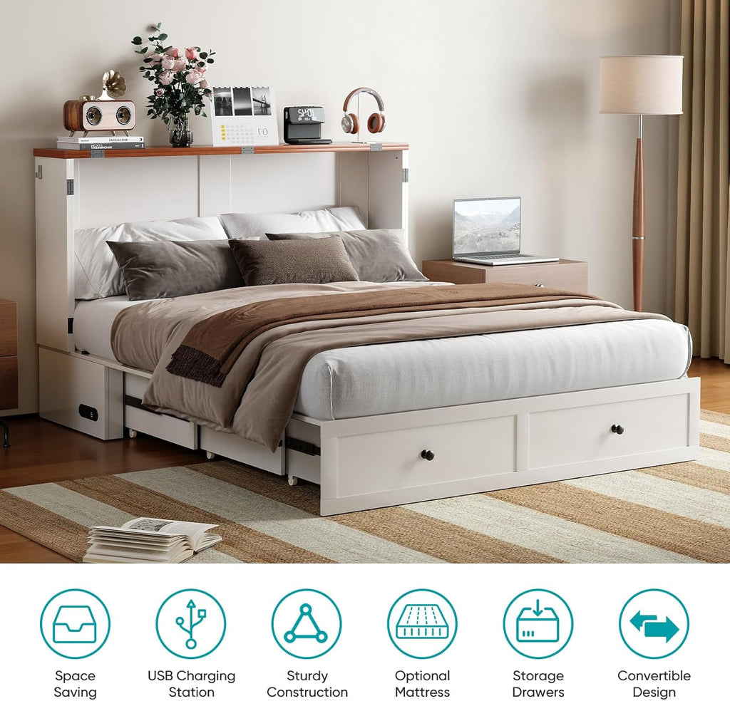 BALUS Full Size Murphy Bed with Mattress Included, 57'' W Murphy Bed Full with USB Charging Station & 2 Storage Drawers, Murphy Cabinet Beds for Living Room, Apartment, Home Office, Bedroom-White
