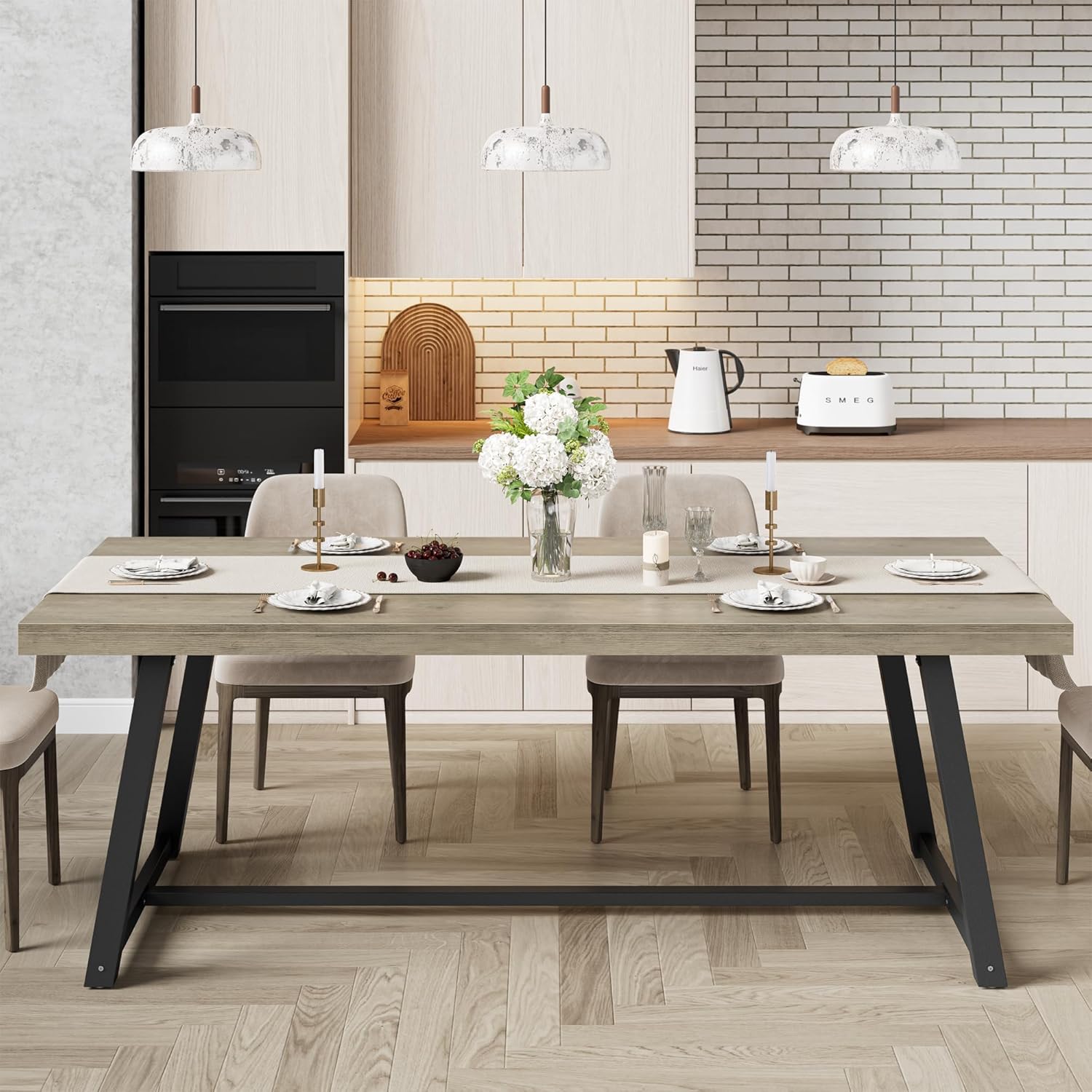IRONCK 71" Dining Table for 6-8 People, Industrial Kitchen Table with Sturdy Metal Frame, Rectangular Grey Wood Dinner Table for Dining Room