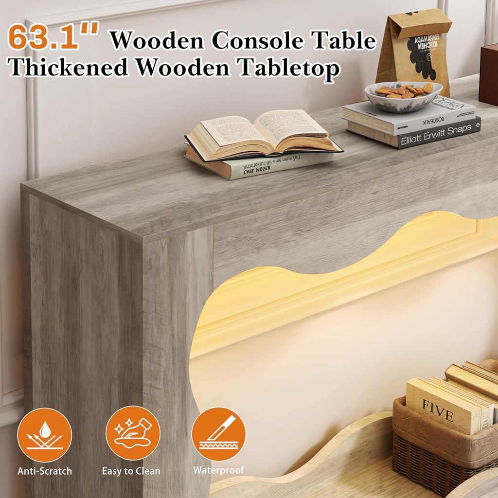 Vongrasig 63-Inch Farmhouse Entryway Table with Light Strips, Scalloped Console Table with Built-in Storage, Narrow Long Behind Couch, Wooden Curvilinear Sofa Table for Entrance, Hallway, Grey