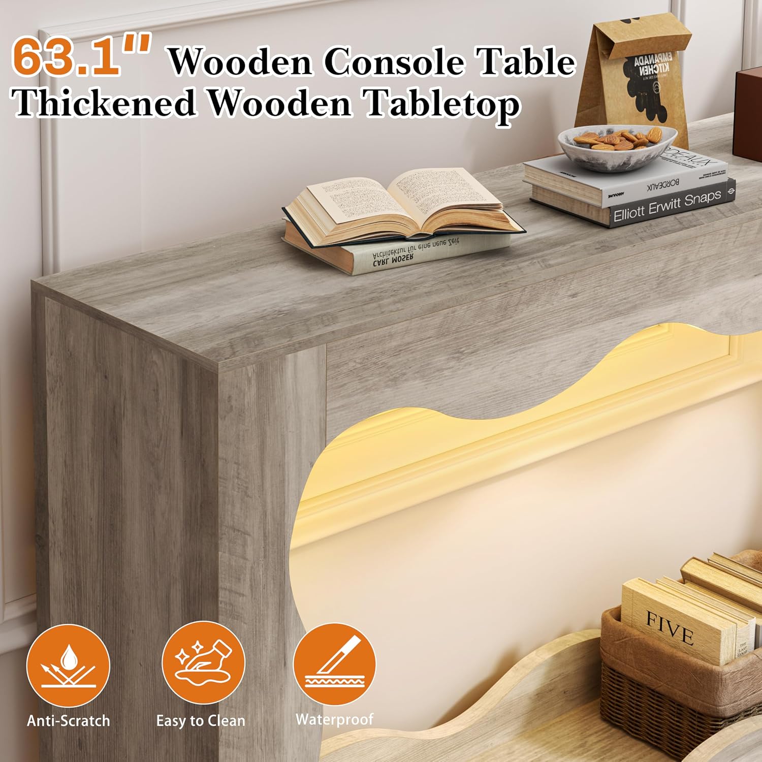 Vongrasig 63-Inch Farmhouse Entryway Table with Light Strips, Scalloped Console Table with Built-in Storage, Narrow Long Behind Couch, Wooden Curvilinear Sofa Table for Entrance, Hallway, Grey