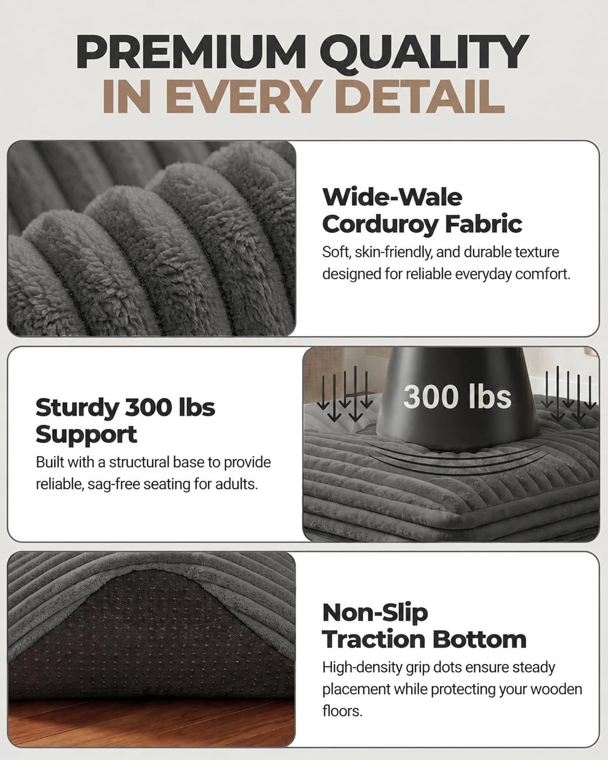 23.6in Pouf Ottoman, Corduroy Ottoman Foot Rest with Dual‑Layer Support, Large Poofy Pouf with Soft Chunk‑Foam Top & Firm Foam Base, Floor Foot Stool for Living Room, Dark Grey