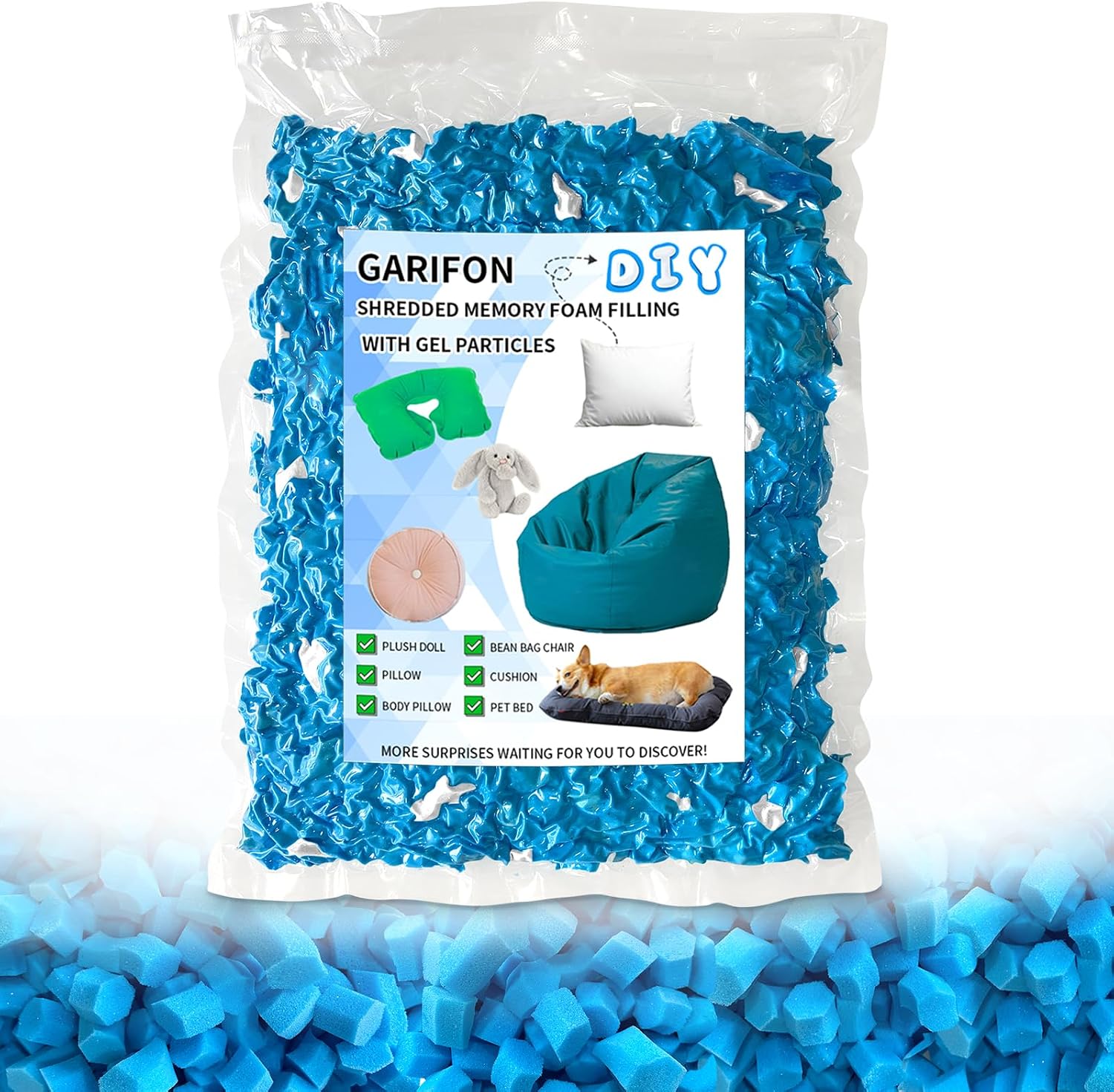 5lbs Bean Bag Filler, Pillow Bean Bag Stuffing Filling, Shredded Memory Foam Filling, Punching Bag Filler, Foam Refill for Pouf/Ottoman Stuffing/Couch/Boxing Bag, Added Gel Particles