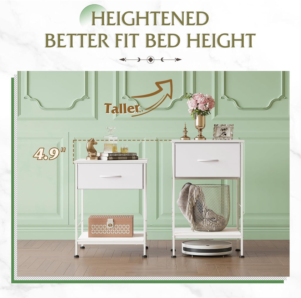WLIVE Small White Nightstand with Drawer, Fabric Bedside Table, 25.03'' H | Night Stand with Wood Open Shelf, Small Bed Side Table for Bedroom, Dorm, Small Space, Easy Assembly