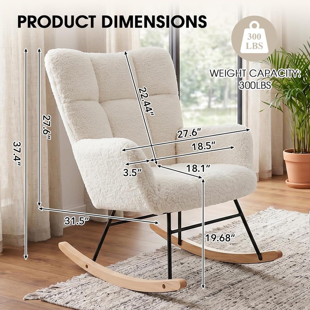 Rocking Chair Nursery, Teddy Upholstered Rocker Glider Chair with High Back, Rocker Recliner with Armrest, Gliding Chair with Thick Cushion, Accent Reading Chair for Bedroom (Ivory)