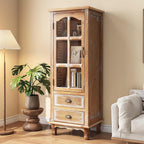 Tall Storage Cabinet with Glass Door & 2 Drawers — Vintage Wood Display Cabinet, Single Door Cabinet with Shelves, Wood Storage Cabinet for Living Room (Solid Wood Frame + MDF)