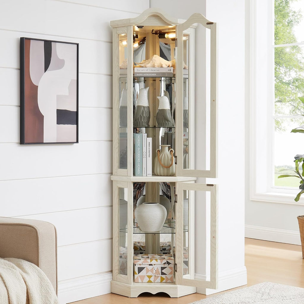 Lighted Corner Curio Cabinet 70.5" Tall Wooden China Cabinet with Tempered Glass Doors, Freestanding Glass Display Case Wine Cabinet Storage Rack for Bar and Liquor Storage (White)
