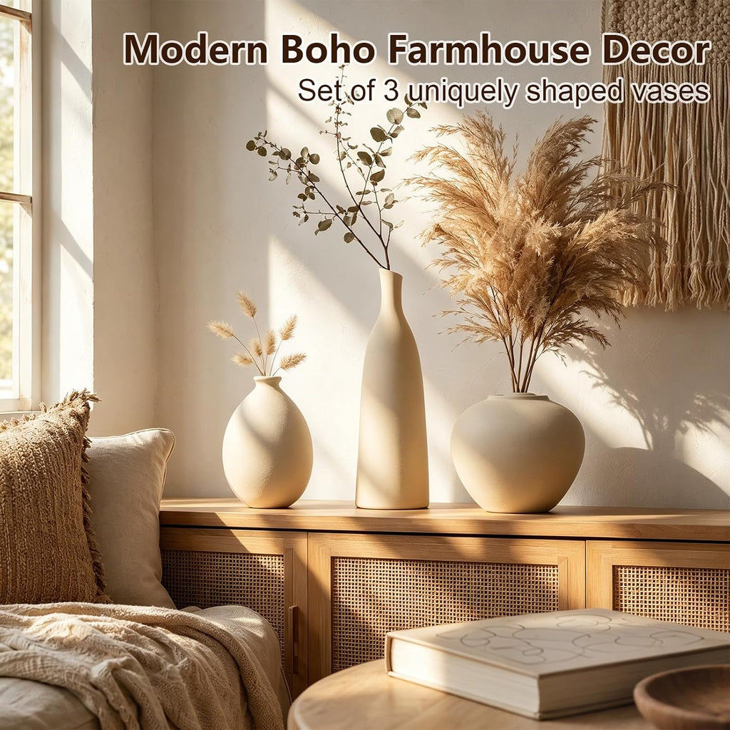 Ceramic Vase Set of 3, Neutral Rustic Farmhouse Flower Vases for Modern Home Decor, Beige Pottery for Living Room, Kitchen, Entryway Shelf & Bookshelf, Fits Flowers and Pampas Grass