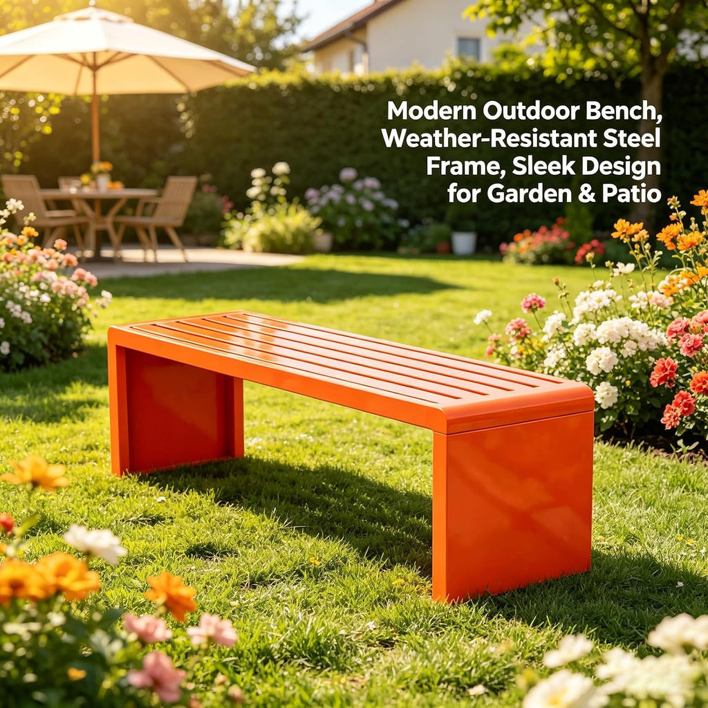 Weatherproof Metal Garden Bench, Small Outdoor Patio Bench, Heavy Duty Front Porch Decor, Outside Park Potting Bench Furniture for Backyard, Lawn & Outdoor Use (Coral)