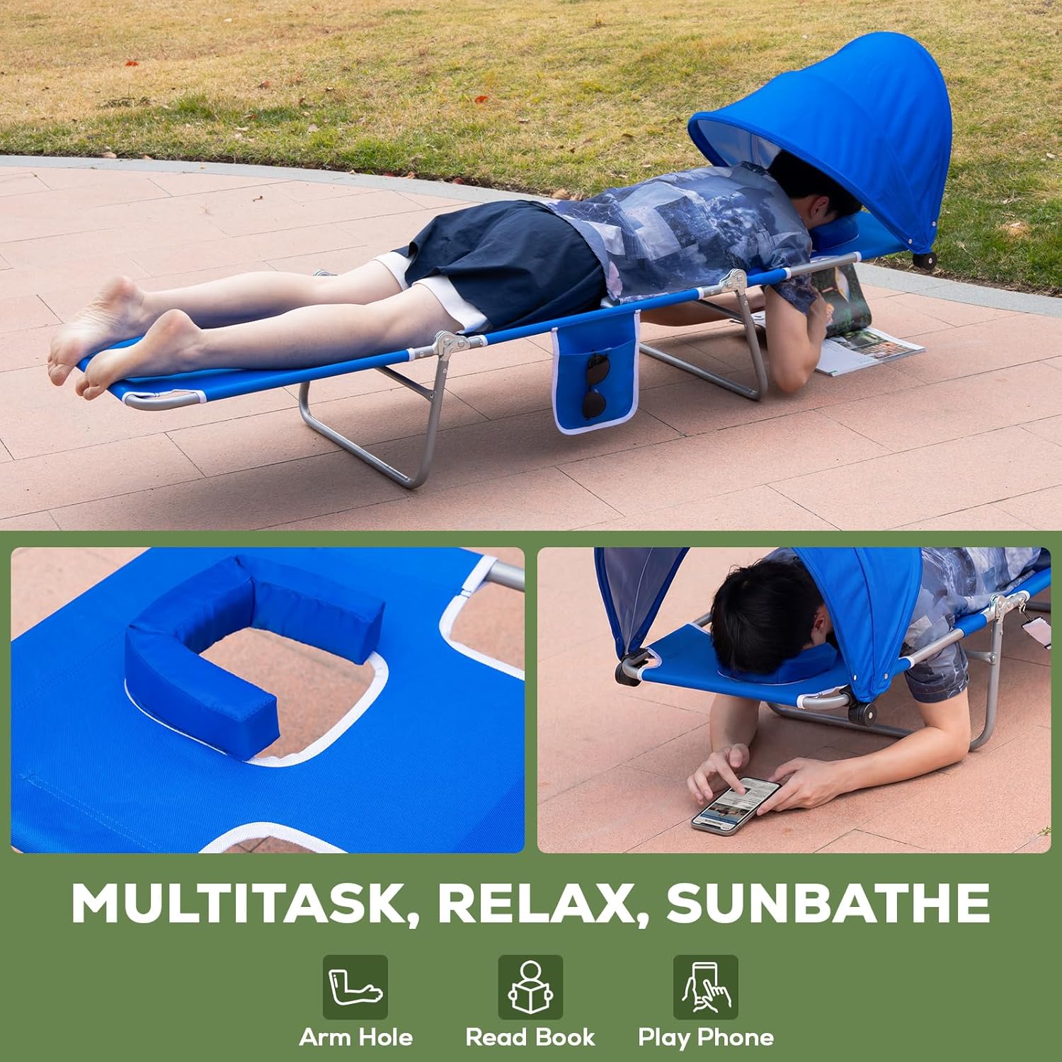 2PK Face-Down Tanning Beach Chair with UPF 50+ Canopy, Adjustable Folding Sunbathing Lounger with Face Hole & Arm Slots, Lightweight Reclining Chair for Beach & Pool, Royal Blue
