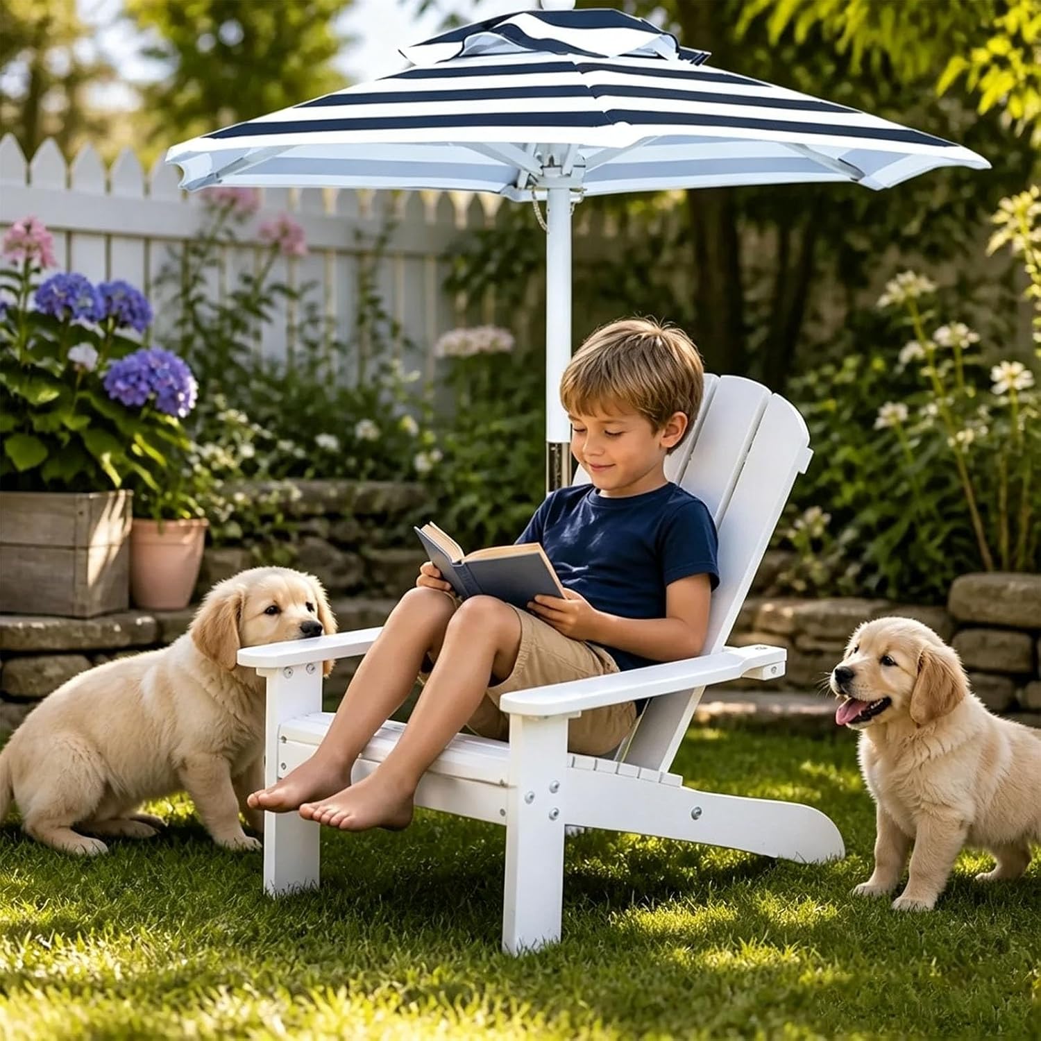 Kids Lounge Chair Outdoor, Toddler Wood Pool Lounger Chairs w/Canopy, Weather Resistant Outdoor Patio Lounge Chair for Beach, Backyard, Lawn(Green)