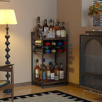 3-Tier Wine Rack Freestanding Floor Cabinet Corner Bar Cabinet Bar Cart,12 Individual Wine Storage Bottle Compartments Corner Bar Cabinet Holder,Wood + Black Frame Liquor Cabinet