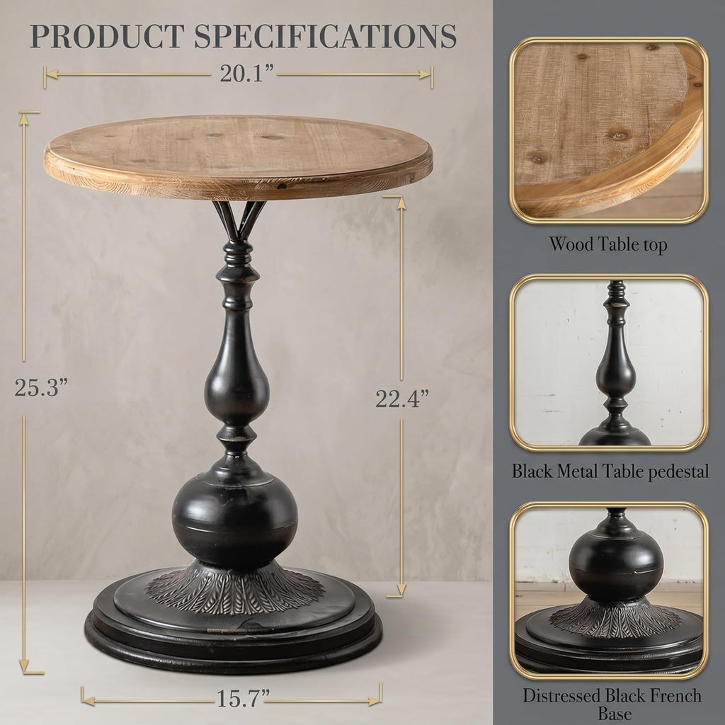 Maxax Black Round End Table, Retro Wood Pedestal Side Table for Living Room, Vintage Farmhouse Accent Furniture for Bedroom & Home Decor