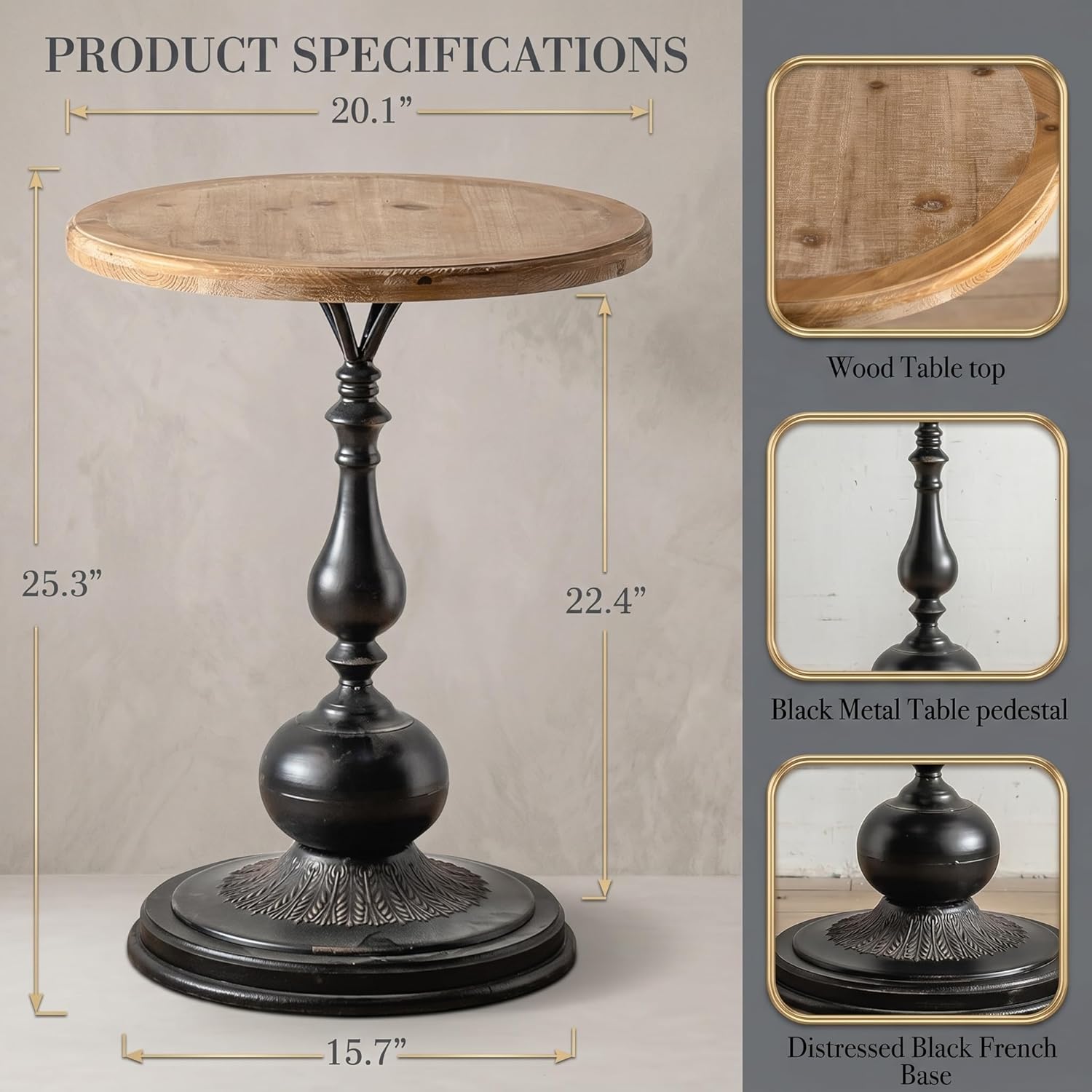 Maxax Black Round End Table, Retro Wood Pedestal Side Table for Living Room, Vintage Farmhouse Accent Furniture for Bedroom & Home Decor