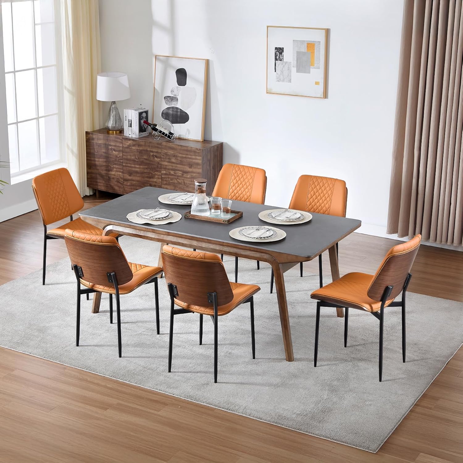 Set of 4 Dining Chairs, PU Leather Armless Kitchen Chairs with Curved Walnut Style, Mid Century Modern Bentwood Side Chairs, Metal Legs Retro Accent Seating for Dining Room Kitchen(Brown)