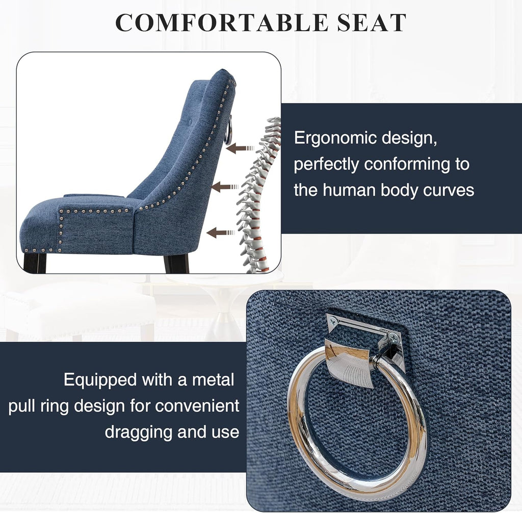 adochr Dining Chairs Set of 4, Upholstered Fabric Dining Room Chairs with Nailhead High Back & Ring Pull & Wooden Legs, Mid-Century Modern Kitchen Chairs for Restaurant, Living Room, Navy Blue