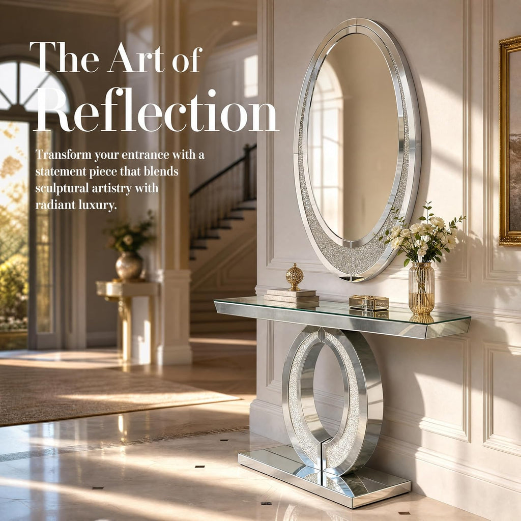 Oval-Shaped Silver Mirrored Console Table and Wall Mirror Set, 2 Piece Mirrored 39.37" Rectangle Sofa Table and 35.43" Crush Diamond Oval Wall Mirror Set for Entryway Hallway Entrance