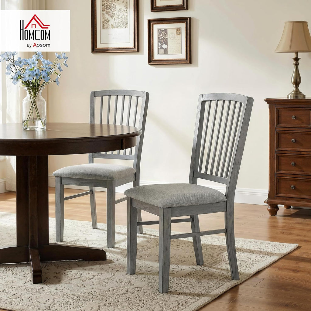 HOMCOM Farmhouse Dining Chairs Set of 2, Upholstered Linen Fabric Kitchen Chairs with Solid Rubberwood Legs for Kitchen, Dining Room, Rustic Gray