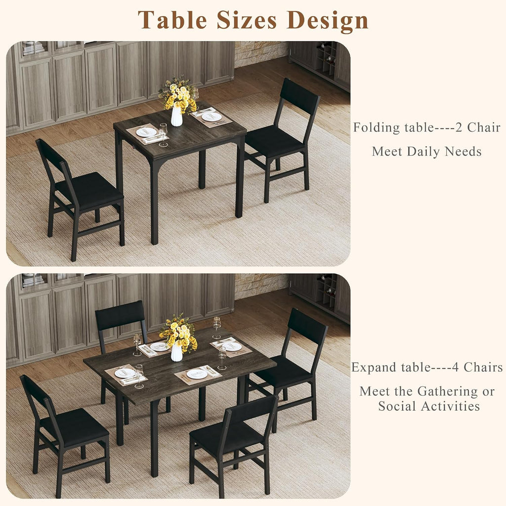 HUAHUU Dining Table Set for 4, Extendable Kitchen Table Cushion Chairs Set of 4, Rectangle Dining Table with Metal Frame & MDF Board, Folding for Small Apartment Saving Space, Gray