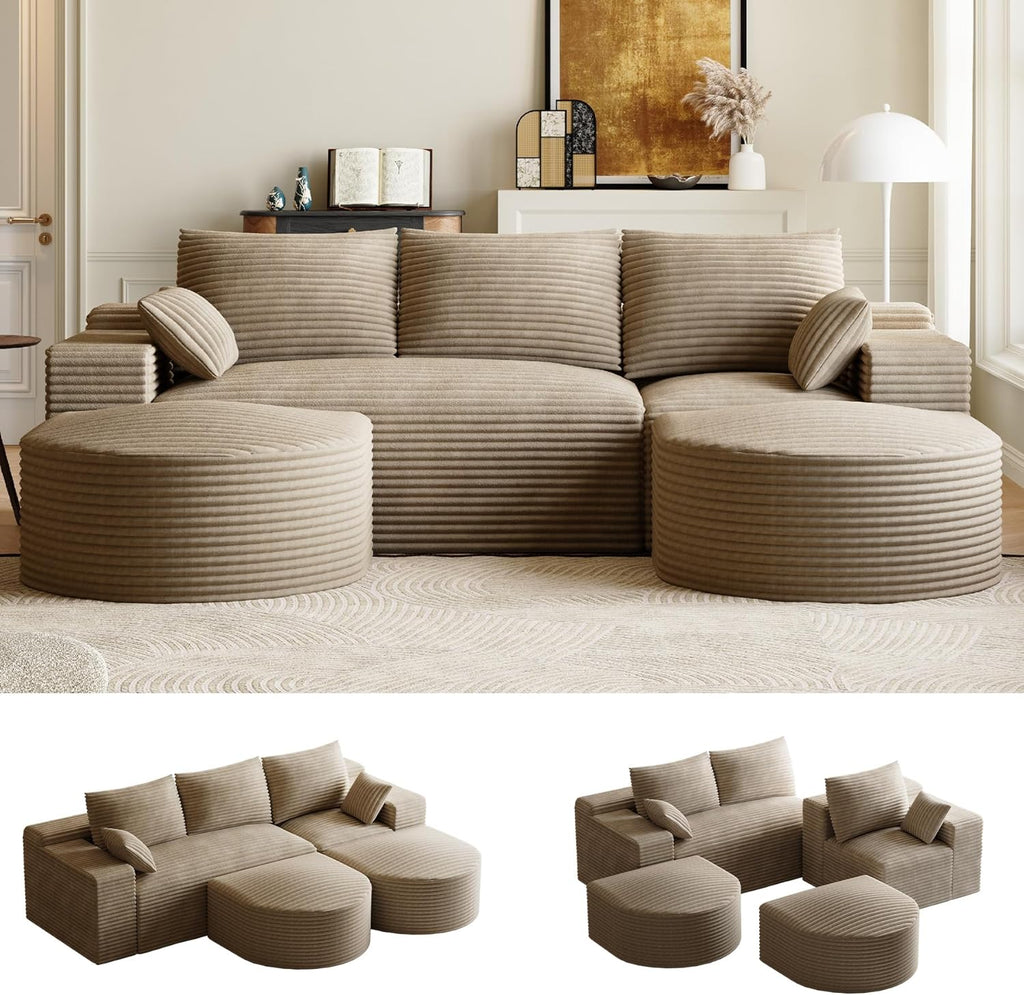 108" U-Shaped Boneless Couches for Living Room,Comfy Fluffy Cloud Sectional Couch with Curved Ottoman, Modern Plush Corduroy Deep Seat Modular Sectional Sofa for Small Spaces, Light Brown