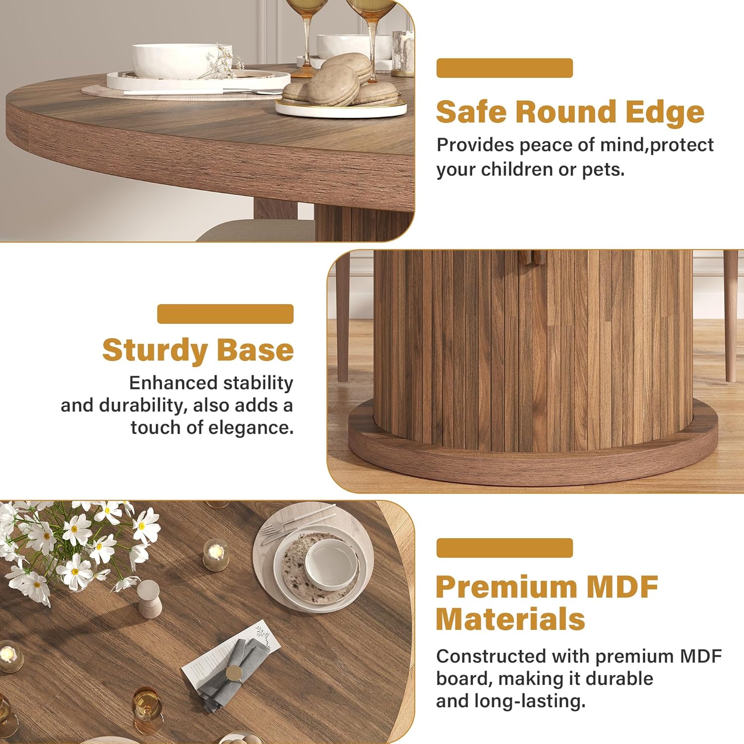 knoworld 47" Round Dining Table for 4-6, Modern Fluted Pedestal Kitchen Table with Hidden Storage, Walnut Wood Circle Dinner Table for Dining Room & Small Spaces, Walnut