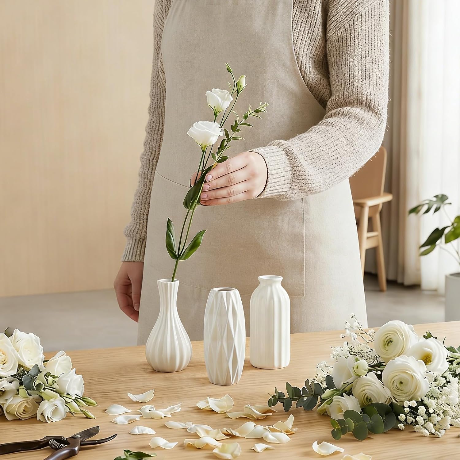 BEAHOT Ceramic Bud Vase Set of 12 - Glossy White Bud Vases: Unique Glazed Mini White Centerpiece for Flowers, Weddings, DIY Floral Decor - Boho & Modern Home Table Styling, Gift Ready