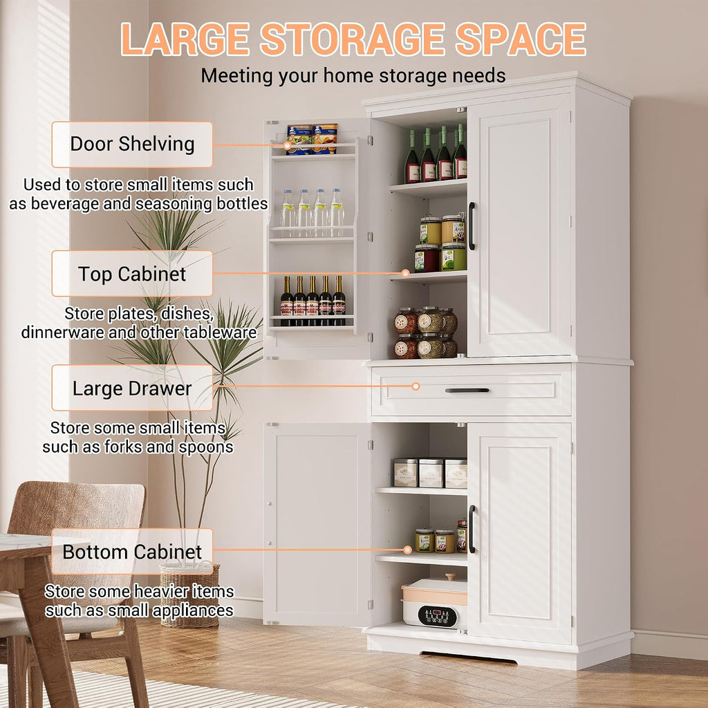 72in Tall Cabinet with Drawer, 6 Doors and Adjustable Shelves, Large Kitchen Pantry Storage Cabinet for Dining Room, Living Room, White