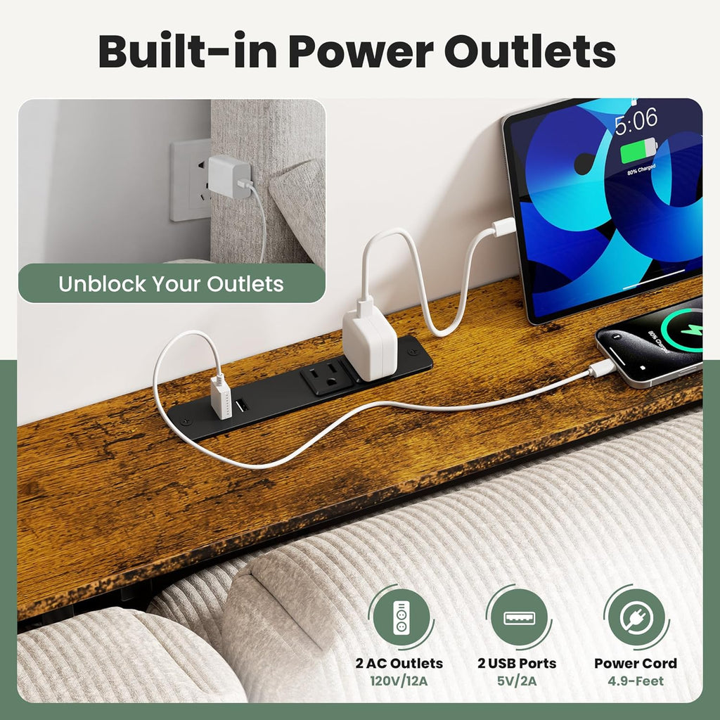GRLEAF 90" Sofa Table with Built-in Power Strip (4 AC Outlets & 4 USB Ports) – 4.9ft Power Cord, Metal Frame, Easy Assembly, Long Couch Table Behind Sofa, Living Room and Home Office | Rustic Brown
