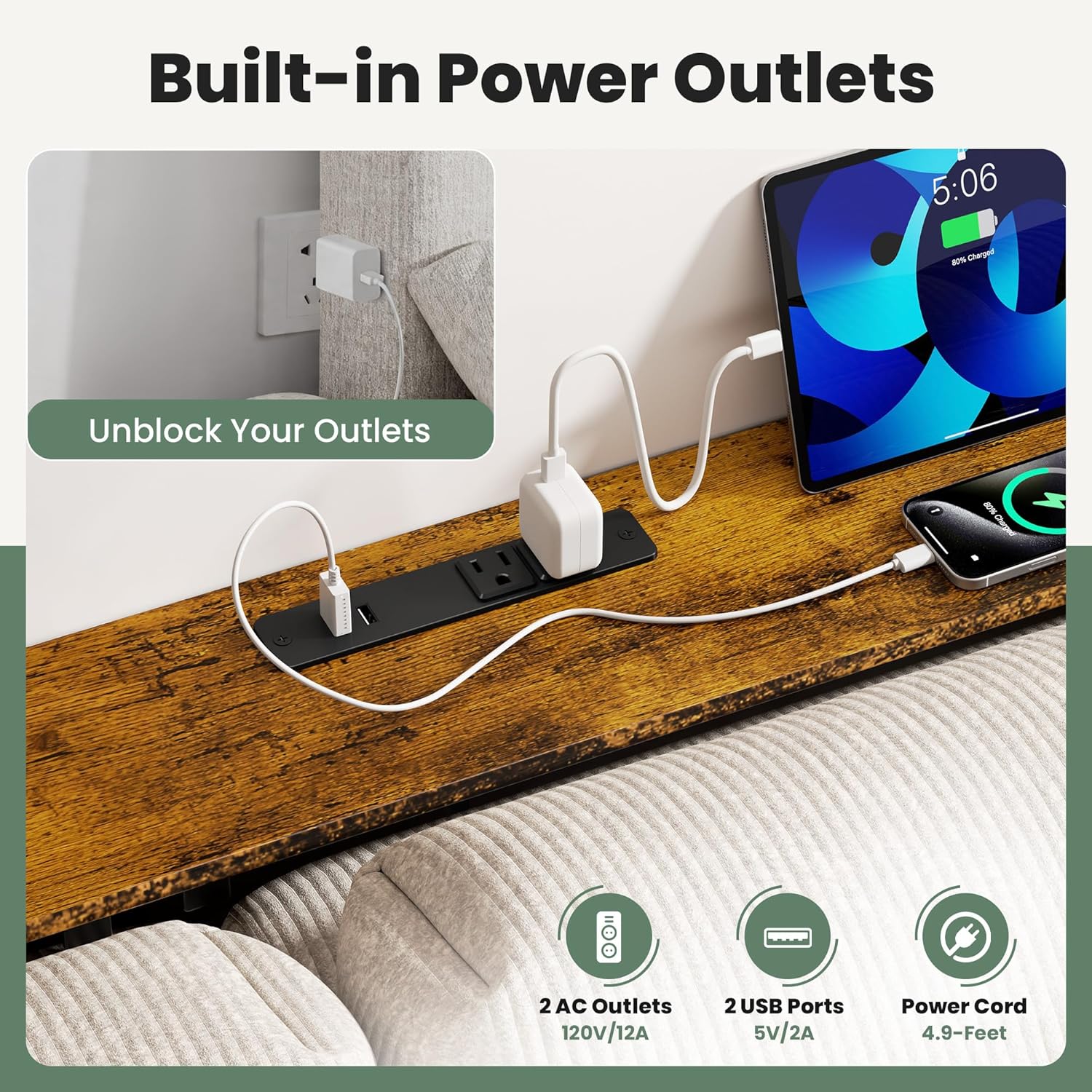 GRLEAF 90" Sofa Table with Built-in Power Strip (4 AC Outlets & 4 USB Ports) – 4.9ft Power Cord, Metal Frame, Easy Assembly, Long Couch Table Behind Sofa, Living Room and Home Office | Rustic Brown