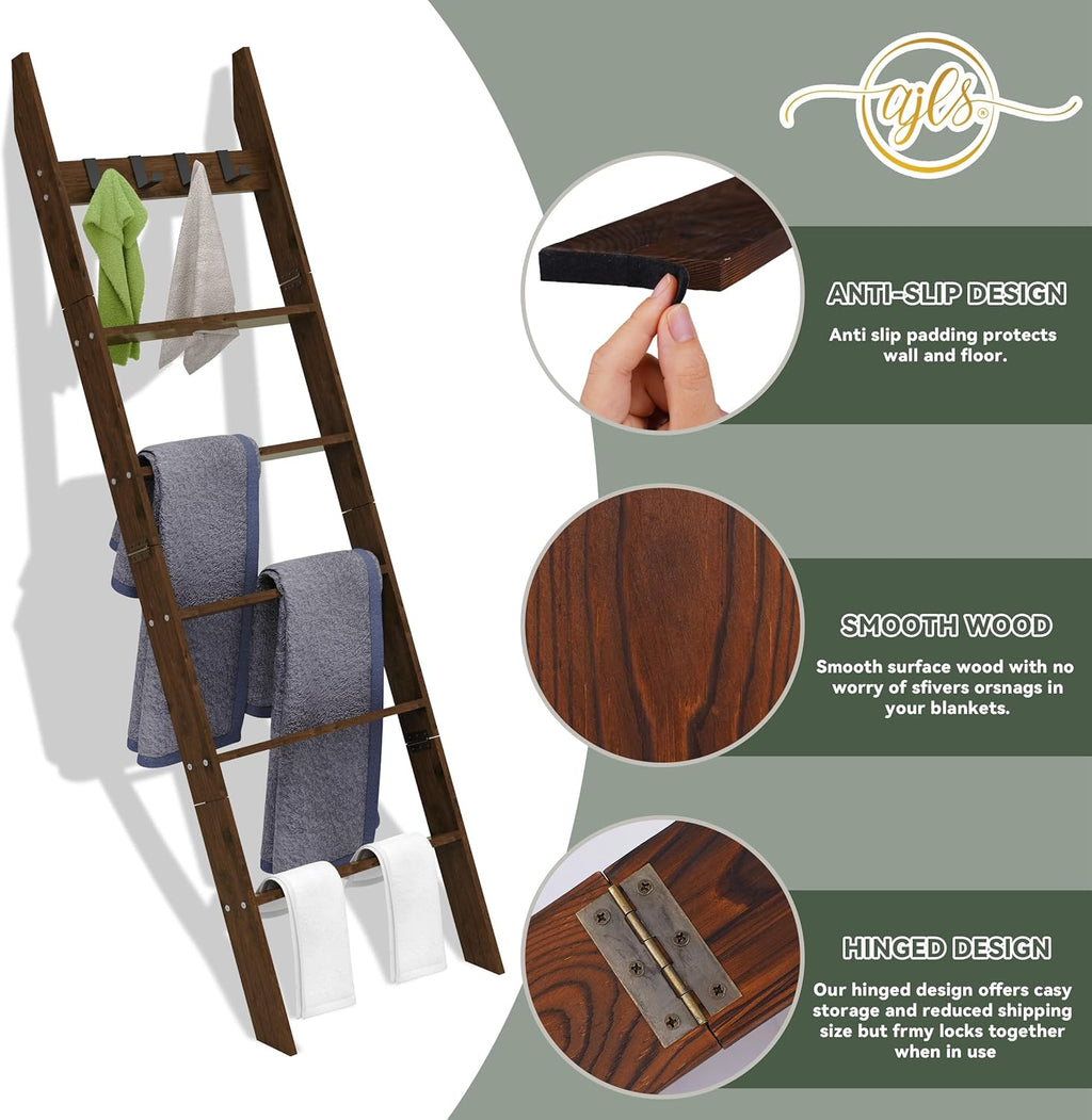 6-Tier Blanket Ladder for Living Room, 5.6FT Pine Wood Quilt Rack with 4 Anti-Slip Straps and 4 Removable Hooks, Lightweight, Easy Assembly, Hinged Design, Farmhouse Decorative Shelf