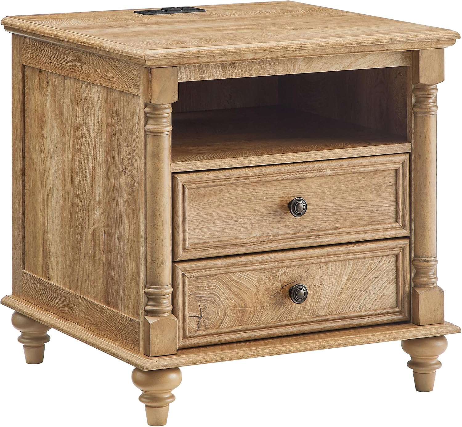 T4TREAM 24'' Farmhouse End Table w/4 Solid Wood Feet, Large 2 Drawers Wide Sofa Side Table with Charging Station, Tall Rustic Wood Square Nightstand for Living Room, Bedroom, Office, Light Tree Knot