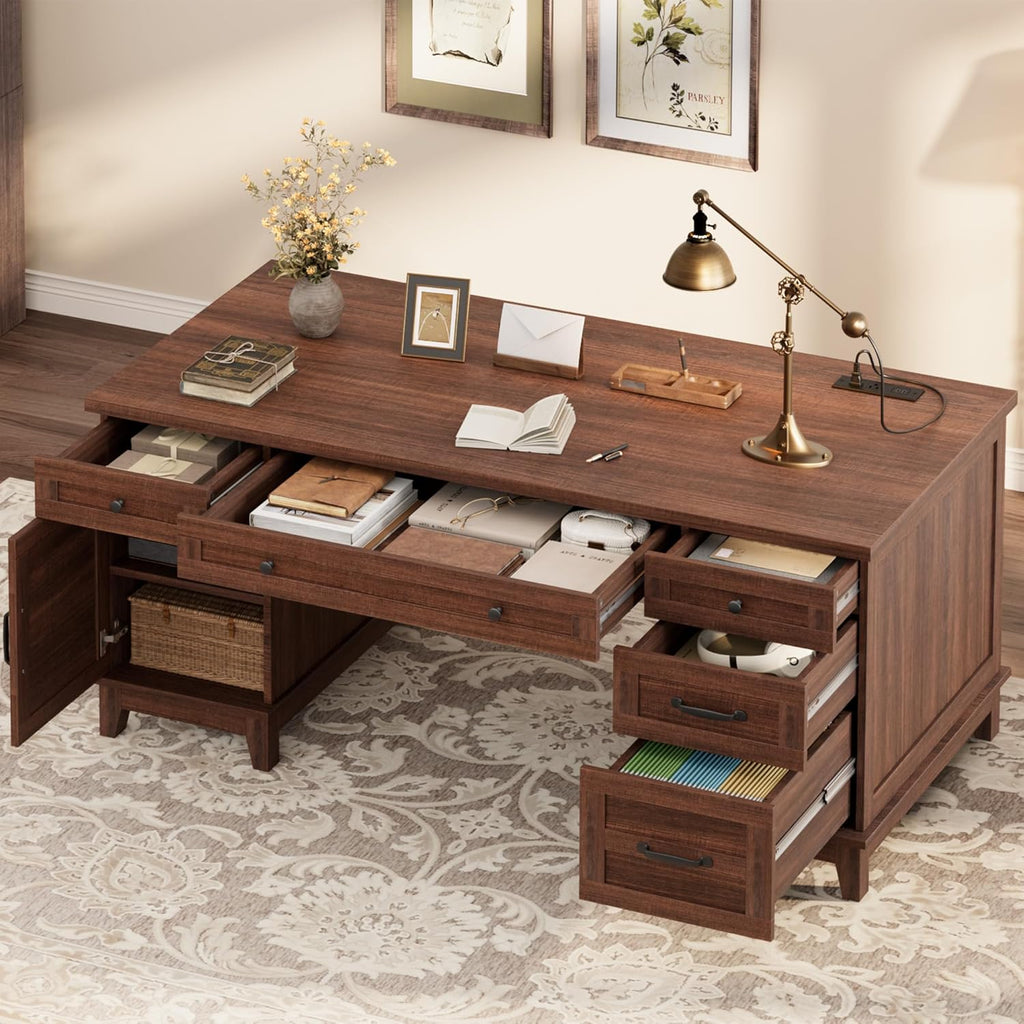 Garvee 60" Wooden Home Office Desk with File Drawers, Executive Desk with Adjustable Cabinet, Farmhouse Wood Desk with Power Outlet, Distressed Study and Work Table, Rustic Brown