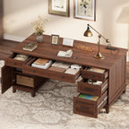Garvee 60" Wooden Home Office Desk with File Drawers, Executive Desk with Adjustable Cabinet, Farmhouse Wood Desk with Power Outlet, Distressed Study and Work Table, Rustic Brown