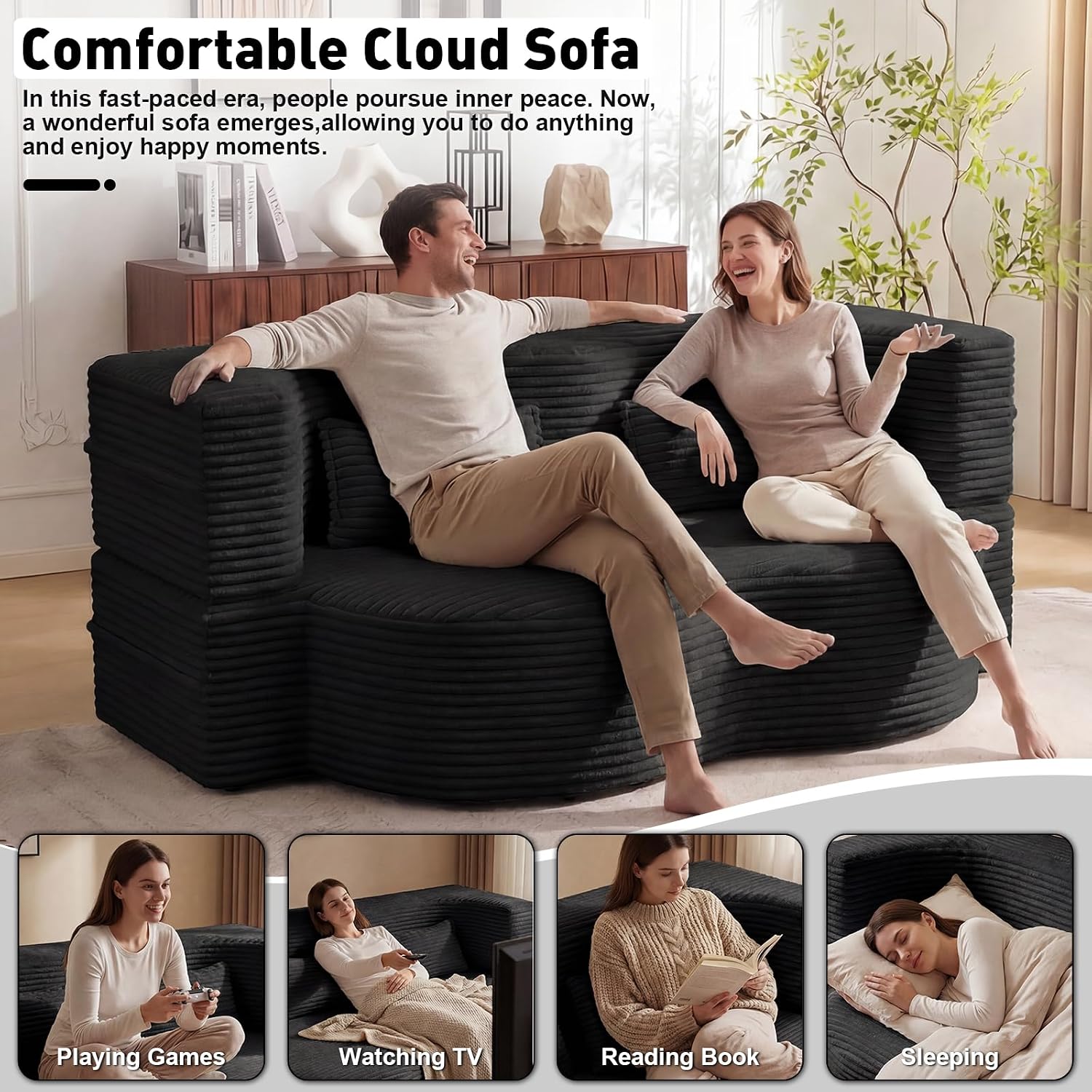 78" Full Size Convertible Futon Sofa Bed, Corduroy Folding Sleeper Sofa Bed with 2 Pillow, Foam Mattress Boneless Couch Bed, No Assembly Loveseat Couches for Living Room Apartment, Space‑Saving, Black