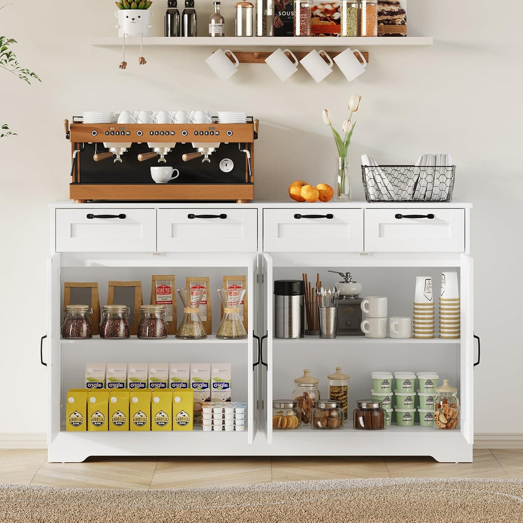 58.7 Inch Sideboard Buffet Cabinet, White Storage Credenza with Charging Station, 4 Drawers & 4 Doors Coffee Bar Cabinet, Modern Console Cabinet for Kitchen Living Room Hallway