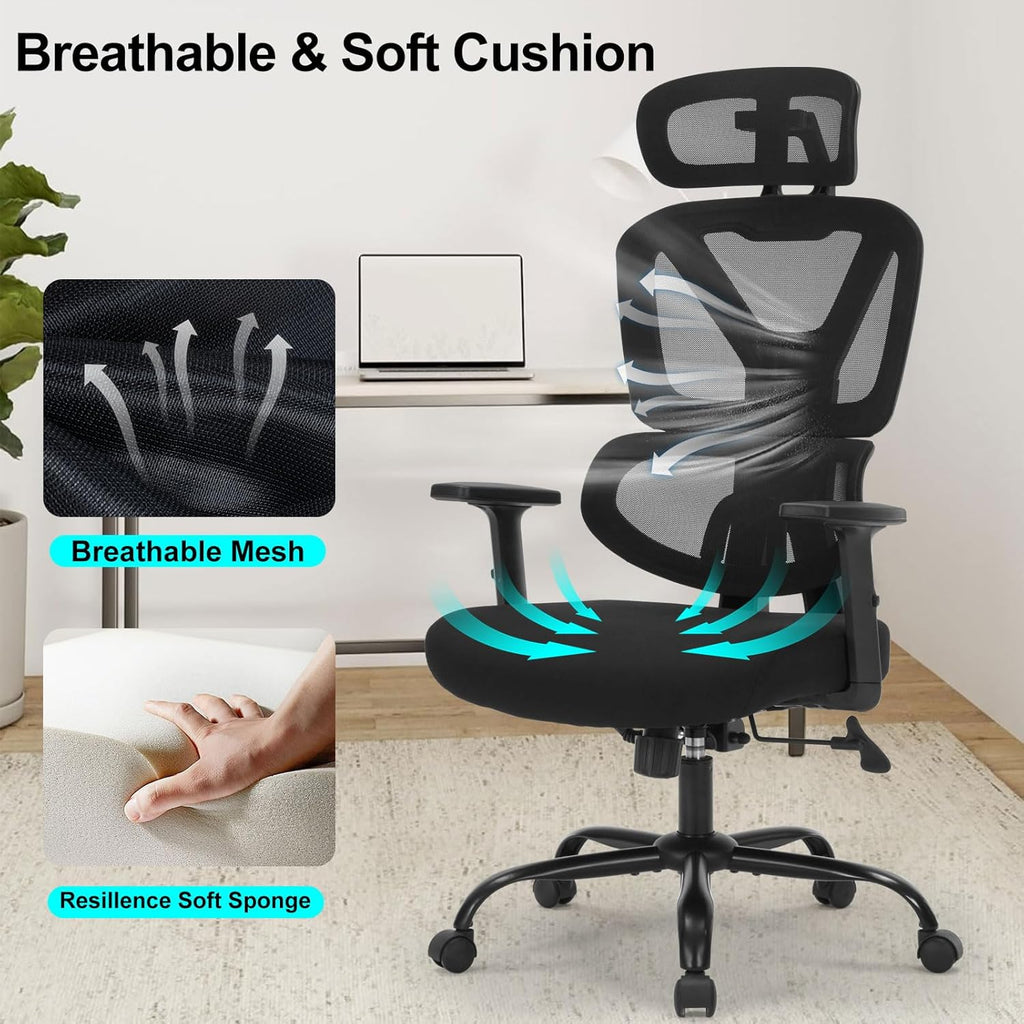 Ergonomic Office Chair, High Back Mesh Executive Desk Chair with Adjustable Height and Adjustable Armrests, Lumbar Support Swivel Task Computer Chair, 350LBS