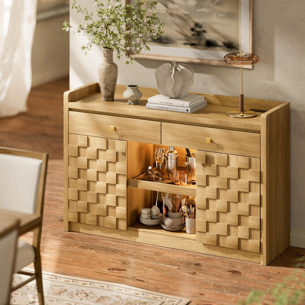 STO'SENSE 55" Sideboard Buffet Cabinet with Charging Station & LED Light, Coffee Bar Cabinet with Drawers, Pull-Out Shelf & Door Rack, Modern Storage Cabinet for Kitchen, Dining Room