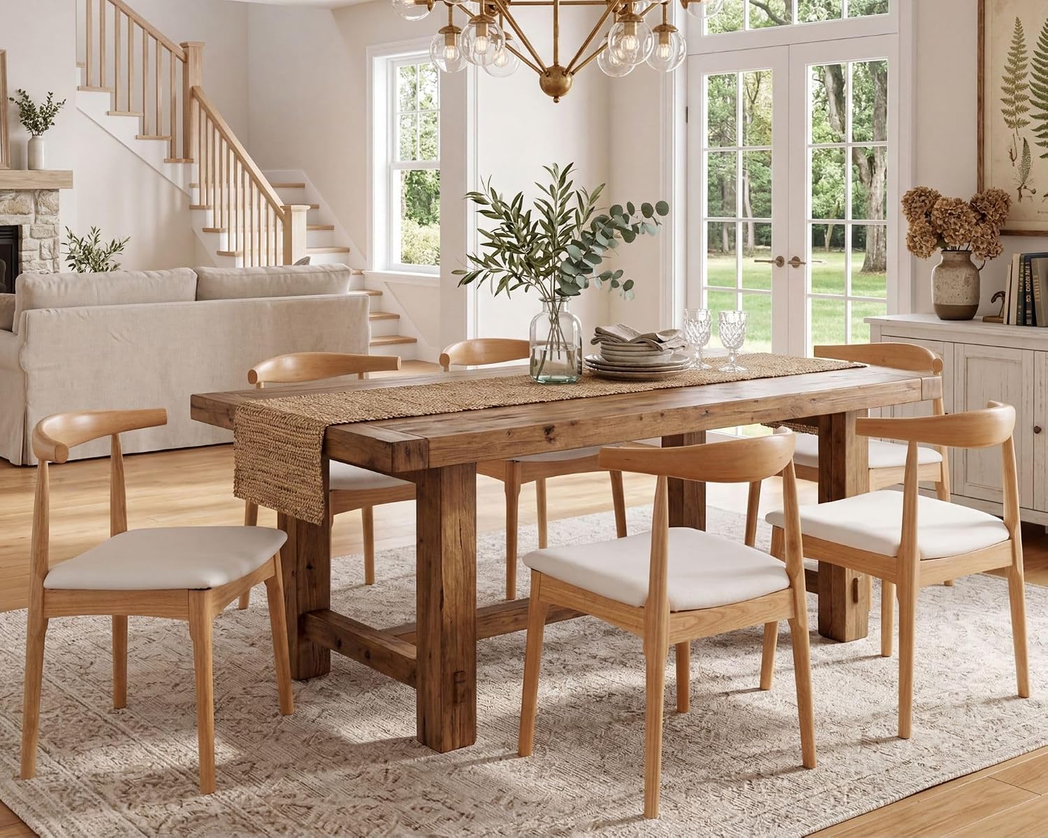 HNY Wooden Dining Chairs Set of 6, Mid Century Modern Dining Room Chairs with Natural Wood Legs & Open Curved Back, Upholstered Beige Linen Armless Kitchen Chair for Dining Room Restaurant