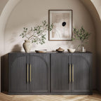 BELLEZE 65 Inch Sideboard Cabinet with Double-Arc Wood Doors, Large Buffet Cabinet with Storage and Adjustable Shelves, Classic Modern Console Table for Dining Room Living Room Entryway (Ebony)
