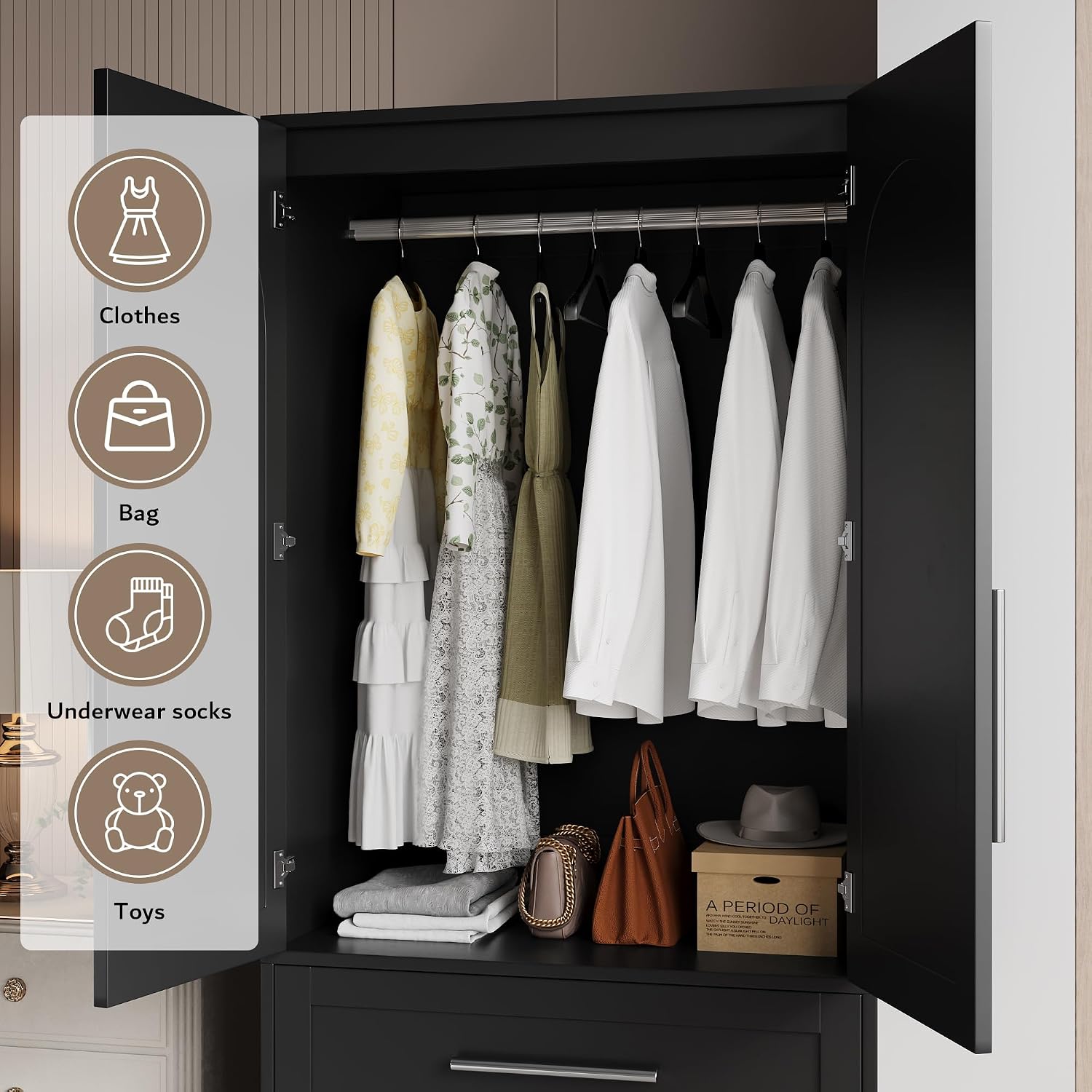 iPormis Wooden Armoire Wardrobe Closet with 2 Drawers, Clothing Storage Cabinet with Shelves Aluminum Hanging Rod, Wardrobe Storage with Strong Door Closure, Modern Bedroom Clothing Armoires, Black