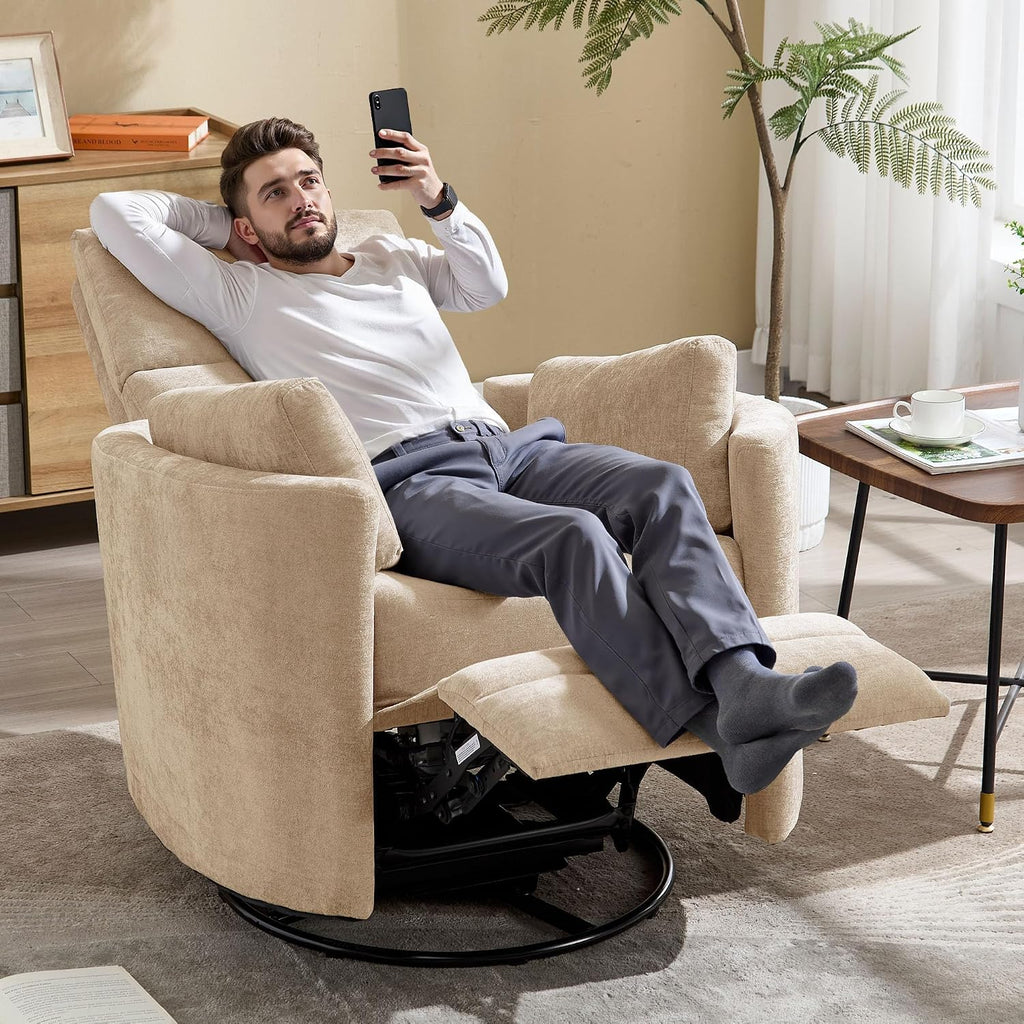 Manual Recliner 360°Swivel Rocking Glider Chair,Upholstered Nursery Adult Recliner Rocker Glider Chair with 2 Pillows for Living Room Bedroom Apartment(Khaki,Manual Operation)
