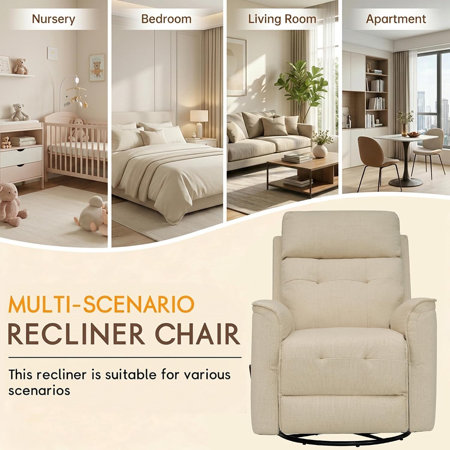 360° Swivel Glider Rocker Recliner Chair, Manual Reclining Sofa for Adults, Nursery Rocking Chiar for Nursery Room, Living Room and Bedroom, Small Recliners for Small Spaces,Beige