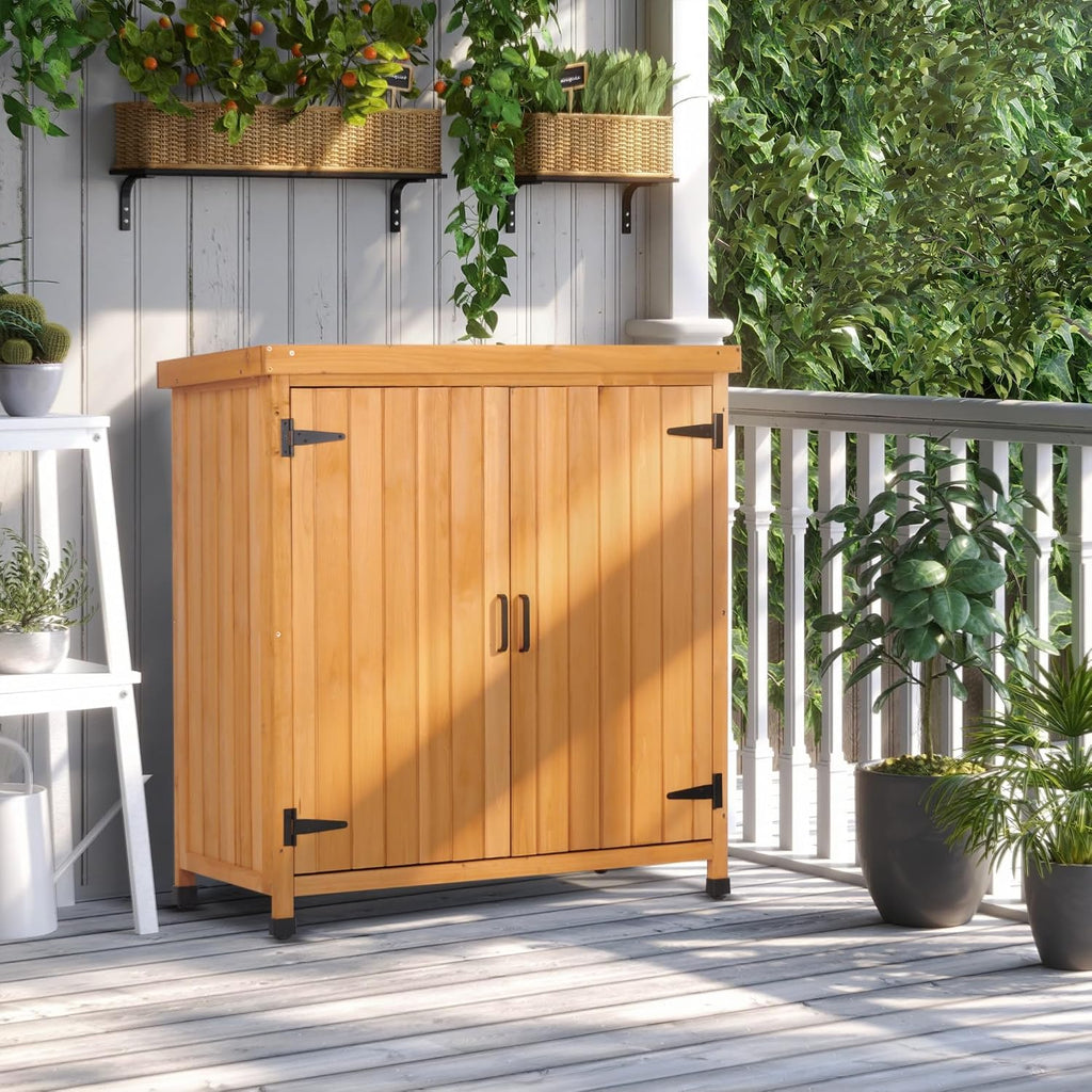 Potting Bench Table, Wooden Storage Cabinet with Removable Shelf, Metal-Plated Tabletop, Light Brown, 36x31x19 in, for Backyard Patio Lawn Gardening