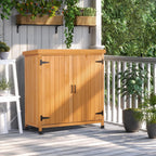 Potting Bench Table, Wooden Storage Cabinet with Removable Shelf, Metal-Plated Tabletop, Light Brown, 36x31x19 in, for Backyard Patio Lawn Gardening