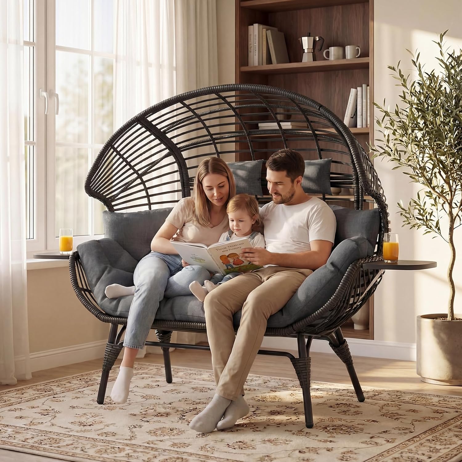 Double Egg Chair with Cup Holder Outdoor Indoor,2 Person Oversized Wicker Lounge Chair with 8” Thicken Cushions & Rain Cover 700lbs for Patio Balcony Porch Living Room