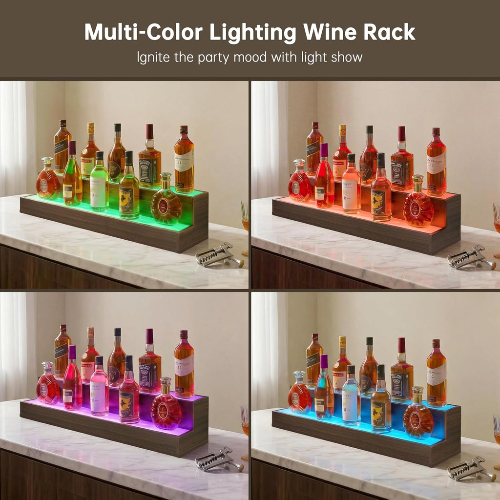 Cubehom LED Liquor Display Shelf, Freestanding Bar Cabinet with 2-Tier Adjustable Glass Shelves, Modern Floor Standing Wine & Spirit Storage Rack for Home Bar, Restaurant