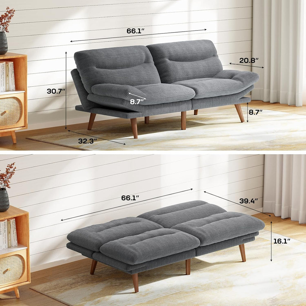 Marsail 66" Futon Sofa Bed, Convertible Corduroy Futon Couch with Adjustable Backrest & Armrests, Small Sleeper Sofa Loveseat for Living Room, Apartment, Office, Light Gray