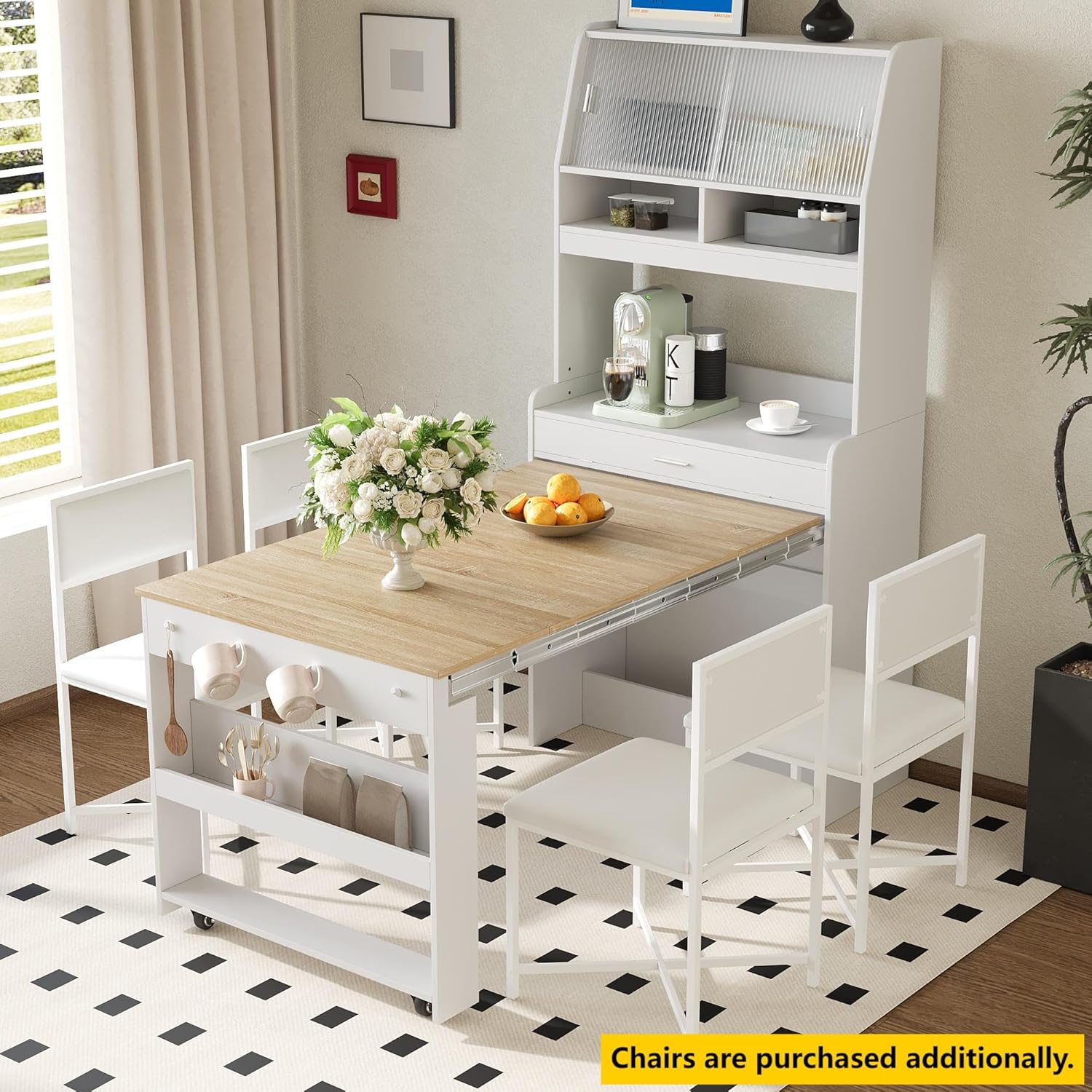 Spaco 2-in-1 Folding Dining Table and Buffet Cabinet Set,Compact Pull-Out Kitchen Table with Wheels,Storage Shelf and Side Hooks,Multifunctional Cupboard for Small Place (White & Oak)