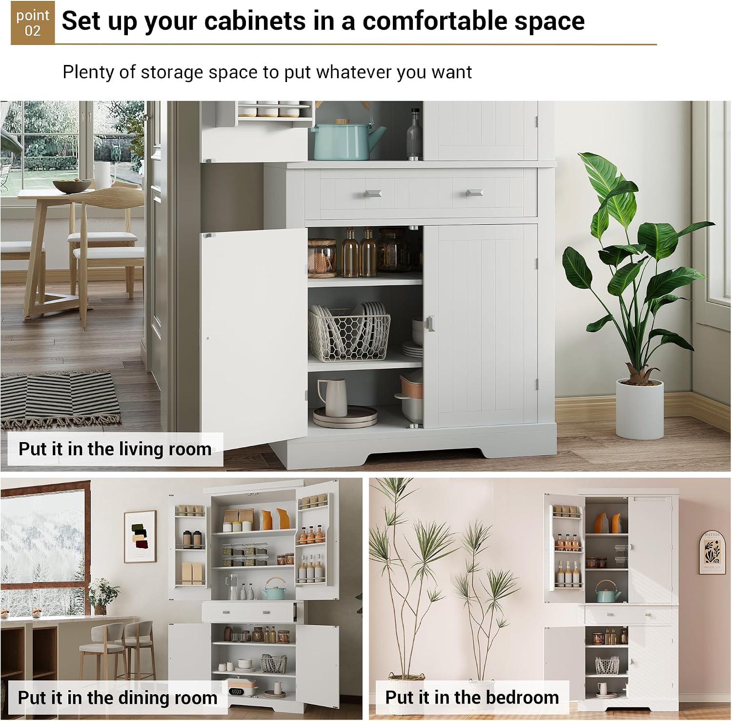 72 Inch Food Pantry Cabinet, Modern White Wood Kitchen Storage Cabinet with Door Shelves & Drawer, Freestanding Cupboard for Dining Room, Living Room, Apartments
