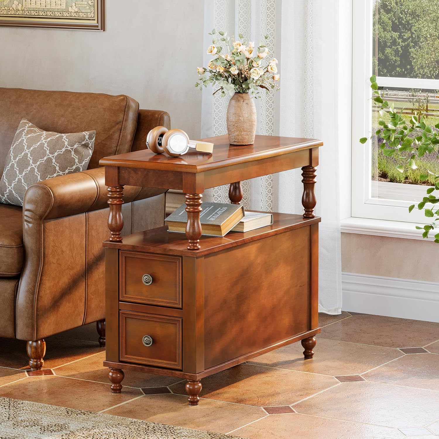 Tribesigns Cherry Finish Wood End Table with 2 Drawers, Mid-Century Wooden Slim Side Table Nightstands with Storage Shelf, Accent Table for Living Room, Easy to Assemble (Walnut)